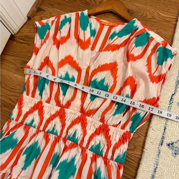 Oliphant Smocked Waist Mini Dress in Odisha Coral Print Women's Sz S Orange Teal - Picture 8 of 14